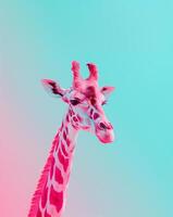 Giraffe portrait with gradient neon hues. Futuristic nature background. photo