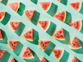 Flat lay photo of ripe watermelon triangle slices pattern against minty background. Summertime colorful background