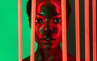 africano americano joven mujer con su cara iluminado por vertical brillante rojo neón tubos negro historia conceptual antecedentes foto