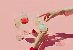 Female hands reaching for the champagne glasses with strawberries bellow. Celebration party background. photo