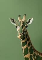 Giraffe portrait with green and brown camouflage pattern. War colors conceptual background. photo