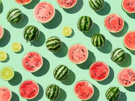 Watermelons and lime slices pattern on a pastel teal background. Summertime, colorful flat lay photo