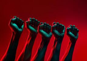 Black men's fists held up with green and red gradient colors. Black history, slavery , freedom background. photo