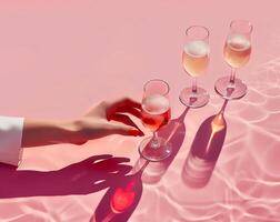 Celebration party background. Champagne glasses with female hand reaching to grab one. photo