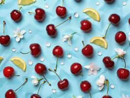 Fresh cherries covered in water drops and lemon slices pattern on a pastel blue background. Summertime colorful flat lay photo