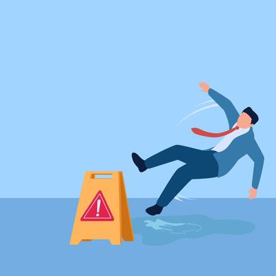 people slip on slippery floors, a metaphor for the downfall of business. Simple flat conceptual illustration.