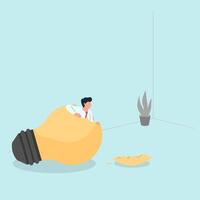 Man get out from inside the lamp. Metaphor of escape from comfort zone. vector