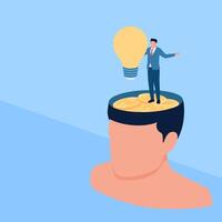 person holding idea lamp in big head and stack of money, a metaphor for intellectual property rights. Simple flat conceptual illustration. vector