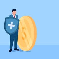 person holding a shield next to coins, a metaphor for financial insurance. Simple flat conceptual illustration. drain vector