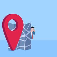 Man carrying magnify behind map and pin, metaphor for moving location. Simple flat conceptual illustration. vector