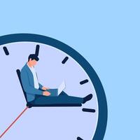 person sitting with laptop on clockwork, metaphor of overtime work. Simple flat conceptual illustration. vector