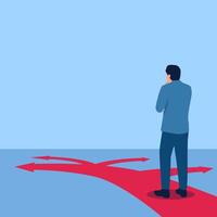 Man confused about which path to take, metaphor for uncertainty. Simple flat conceptual illustration. vector