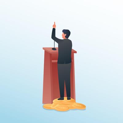 people giving speeches at the podium and stamping gold coins under their shoes metaphor of corruption and chairperson. Business concept illustration.