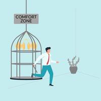 Man get out from money cage. Metaphor of escape from comfort zone. vector