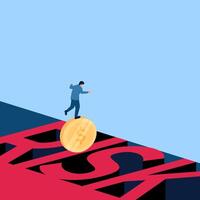 Man rides coin over cliff writing risk, metaphor for risk. Simple flat conceptual illustration. vector