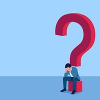 Man sitting looking confused under question mark, metaphor for uncertainty. Simple flat conceptual illustration. vector