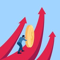 people push coins towards a rising arrow, a metaphor for a raise. Simple flat conceptual illustration. vector