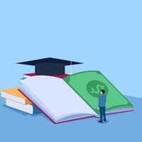 person standing in front of books, money and graduation cap, metaphor of educational scholarship. Simple flat conceptual illustration. vector