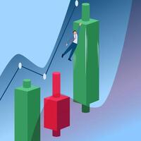 Man jumping trying to grab high rising candlestick, metaphor for positive breakout stock. Simple flat conceptual illustration. vector