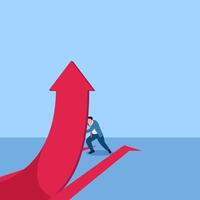 Man raising half arrow pointing upwards, metaphor for positive breakout stock. Simple flat conceptual illustration. vector