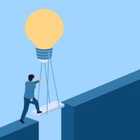 people cross the abyss with the help of the idea lamp bridge, metaphor of business assistance. Simple flat conceptual illustration. vector