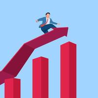 a man climbs a graphic chart that continues to climb upwards, a metaphor for a growing business. Simple flat conceptual illustration. bankrupt vector