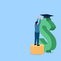 person reaching for graduation cap over money symbol, metaphor of educational scholarship. Simple flat conceptual illustration. vector