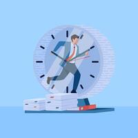 personas corriendo dentro el reloj y pila de algo de documentos afuera, un metáfora para tiempo extraordinario trabajar. sencillo plano conceptual ilustración. vector