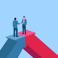 people shake hands over opposite arrows and meet at one point, a business collaboration metaphor. Simple flat conceptual illustration. drain vector