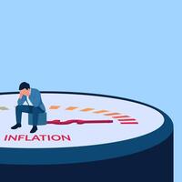 man sitting sadly on an inflation meter, a metaphor for inflation. Simple flat conceptual illustration. vector