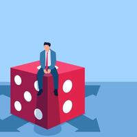 Man sitting confused looking for direction on dice, metaphor for uncertainty. Simple flat conceptual illustration. vector