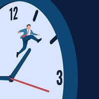 Man jumps over clock hands, metaphor for race against time. Simple flat conceptual illustration. vector