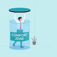 Man get out from the comfort zone bottle. Metaphor of escape from comfort zone. vector