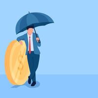 people holding umbrellas over coins, a metaphor for financial insurance. Simple flat conceptual illustration. drain vector