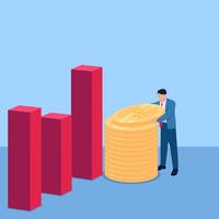 Man stacking coins next to graph chart, illustration for scoring. vector