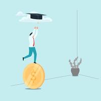 person climbing a coin pulling the graduation cap that sits on it is a metaphor for the high cost of education vector