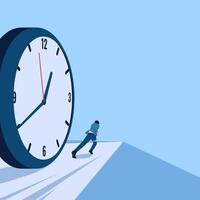 Men run ahead of a rolling clock, a metaphor for a race against time. Simple flat conceptual illustration. vector