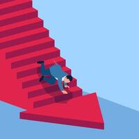 people fall down stairs towards a downward arrow, a metaphor for the downfall of a business. Simple flat conceptual illustration. vector