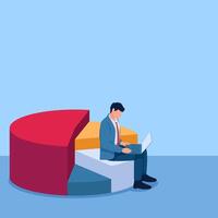 man sitting at a pie chart analyzing the market, a metaphor for market share. Simple flat conceptual illustration. vector