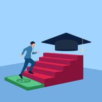 person climbing money ladder towards graduation cap, metaphor of educational scholarship. Simple flat conceptual illustration. vector