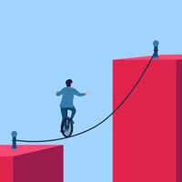 Man riding a unicycle over a rope, a metaphor for risk. Simple flat conceptual illustration. vector