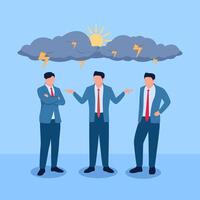 person mediates between two people in conflict under a cloud, a metaphor for mediation. Simple flat conceptual illustration. vector