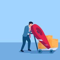 Man pushing a trolley filled with pins and cardboard, a metaphor for moving locations. Simple flat conceptual illustration. vector