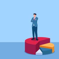 man standing confidently on top of the largest pie chart, a metaphor for market share. Simple flat conceptual illustration. vector