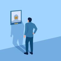 person standing in front of painting, metaphor of copyright. Simple flat conceptual illustration. vector