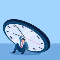 Man crushed by a large clock, a metaphor for time pressure. Simple flat conceptual illustration. vector