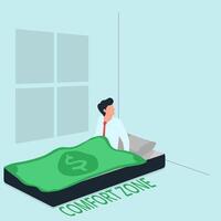 Man get up from bed with blanket money. Metaphor of escape from comfort zone. vector