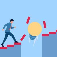 people climbing the stairs stop as an idea lamp slides by, a metaphor for business disruption. Simple flat conceptual illustration. vector