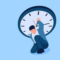 a kneeling person propping a large clock above his body, a metaphor for overtime work. Simple flat conceptual illustration. vector