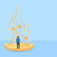 people stand watching coins turn into digital boxes, a metaphor for digital transformation. Simple flat conceptual illustration. vector